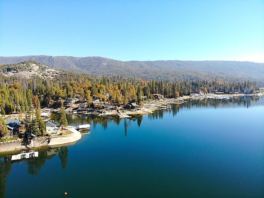 Aerial view of the beautiful town of Bass Lake, California.