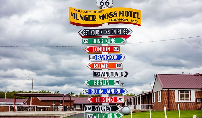 Route 66 Munger Moss Motel funny signpost, travel destinations, cloudy spring day