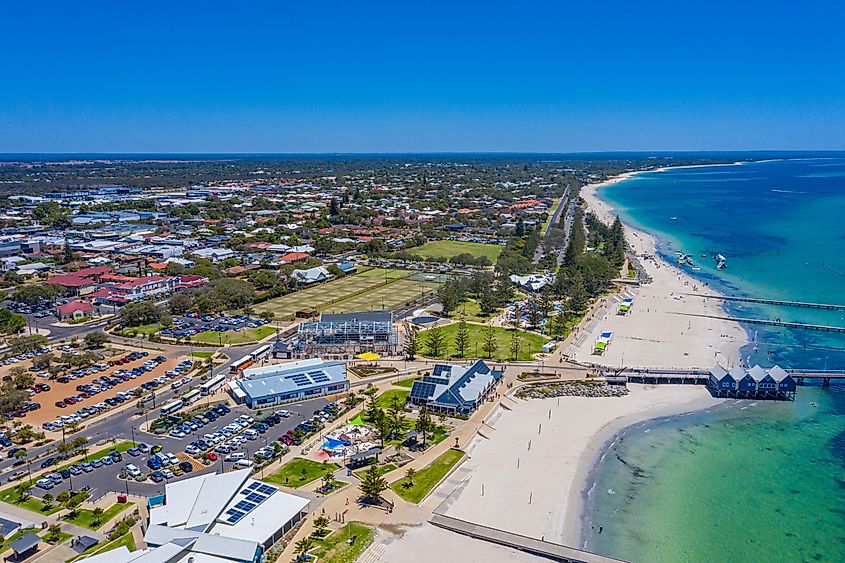Aerial view of the town and beach in Busselton, Australia.