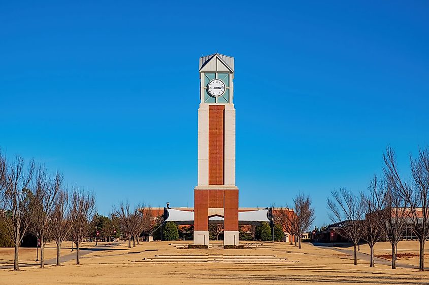 Sunny view of the Freede Centennial Tower in Oklahoma Christian University at Edmond, Oklahoma