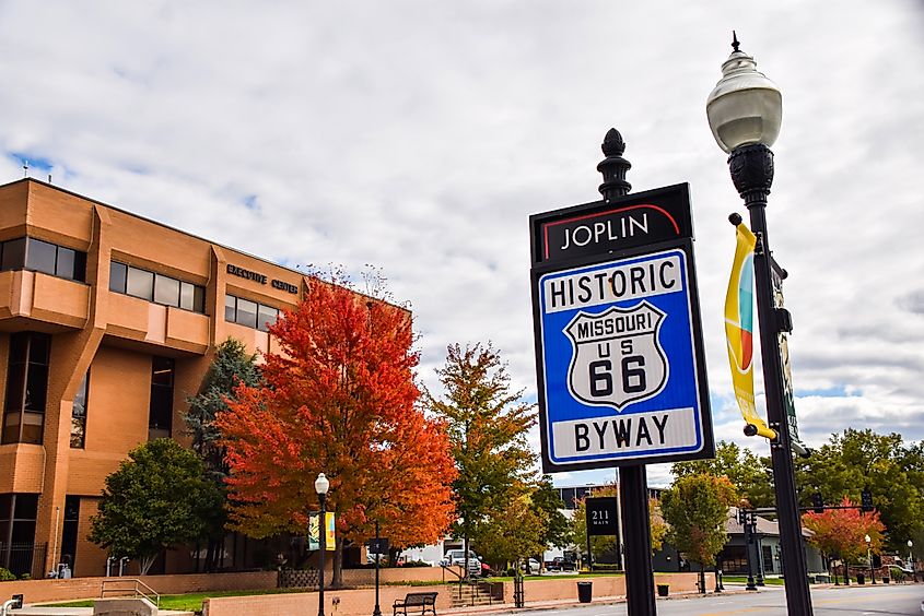 Joplin, Missouri, USA - Nov. 4, 2021:  Sign for Route 66 in Joplin, MO, during fall.