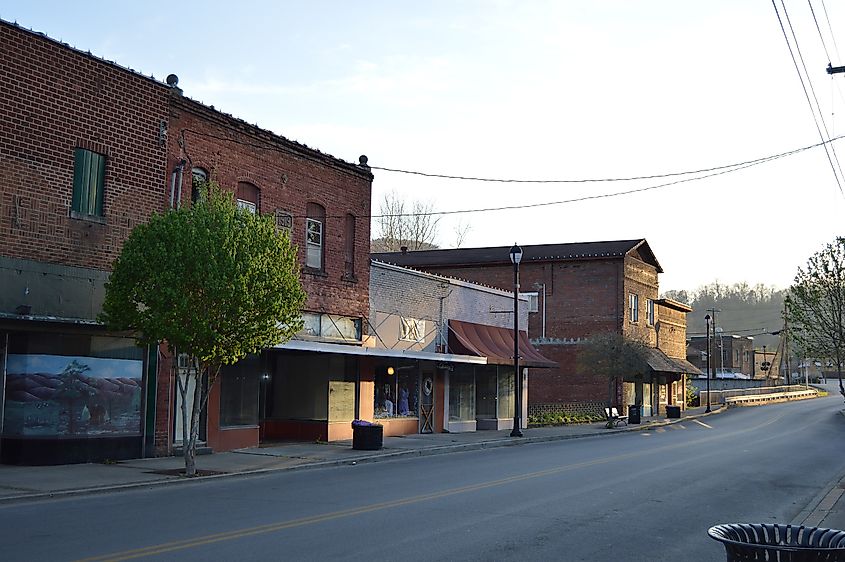 Buildings on the northern side of W. Main Street (Kentucky Route 179), seen looking east from Myers Street, in downtown Cumberland, Kentucky, United States