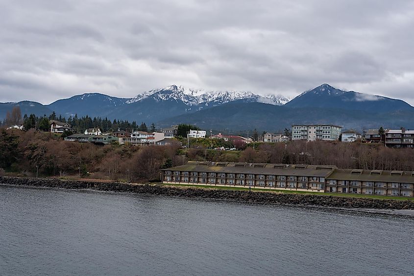 High angle view over water, Port Angeles, Washington, USA.