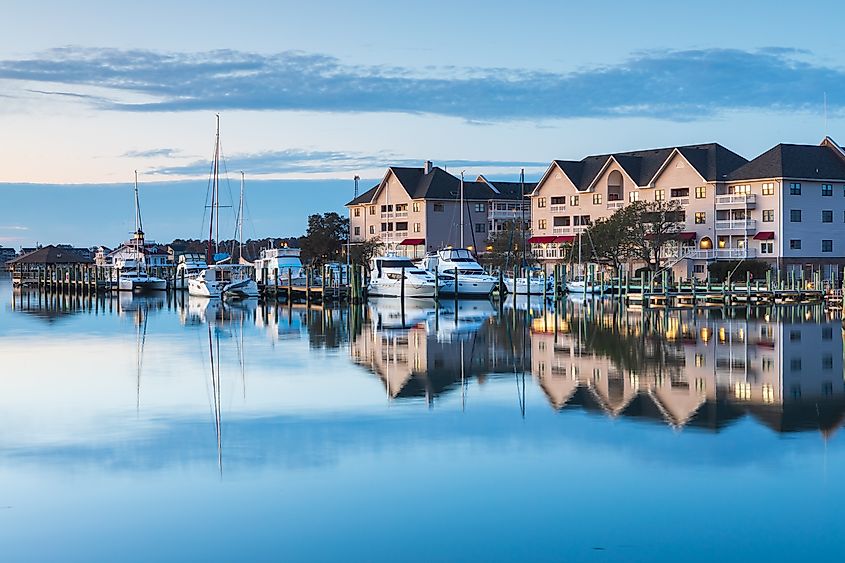 View of Manteo's waterfront at daybreak in the Outer Banks of North Carolina.