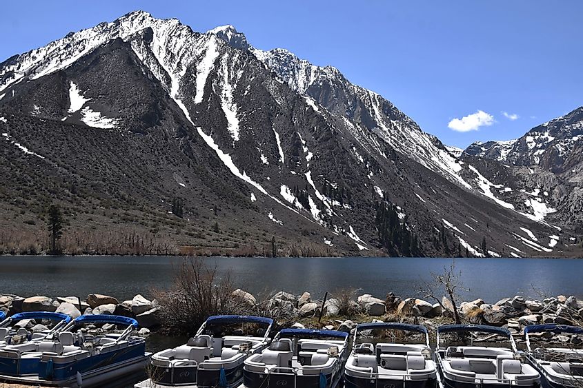 Rental boats in the water at Convict Lake, California