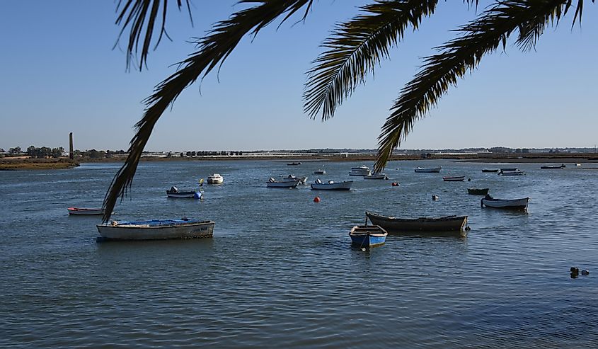 Lonely ships in the gulf of Cadiz, Isla Cristina, Huelva province, Spain, 
