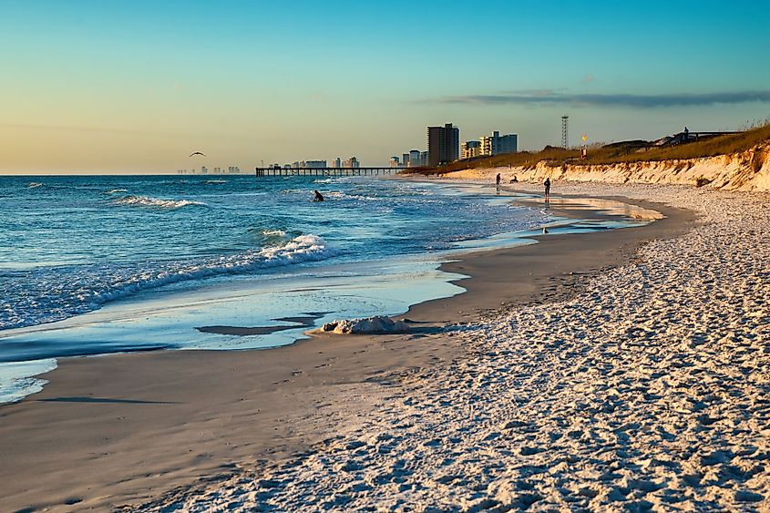 Beach scene in Panama City Beach, Florida at sunset.