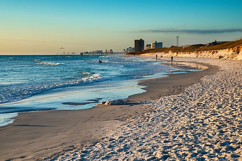 Beach scene in Panama City Beach, Florida at sunset