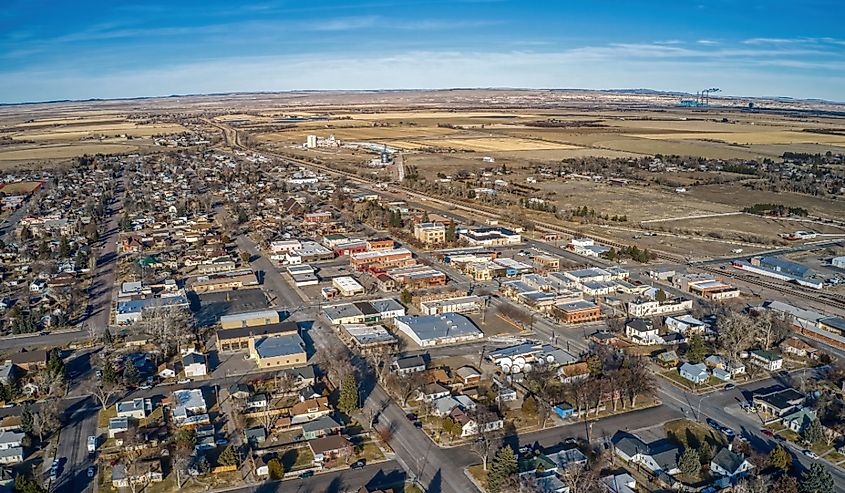 Aerial view of Wheatland, Wyoming during winter.