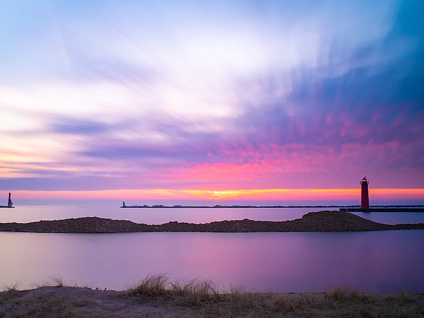 A beautiful sunset over Lake Michigan in Muskegon, Michigan.