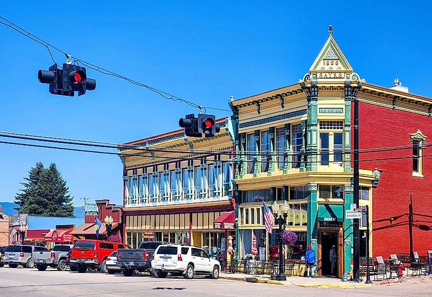 View of the brewery, hotels and shops on Broadway street in Philipsburg, Montana