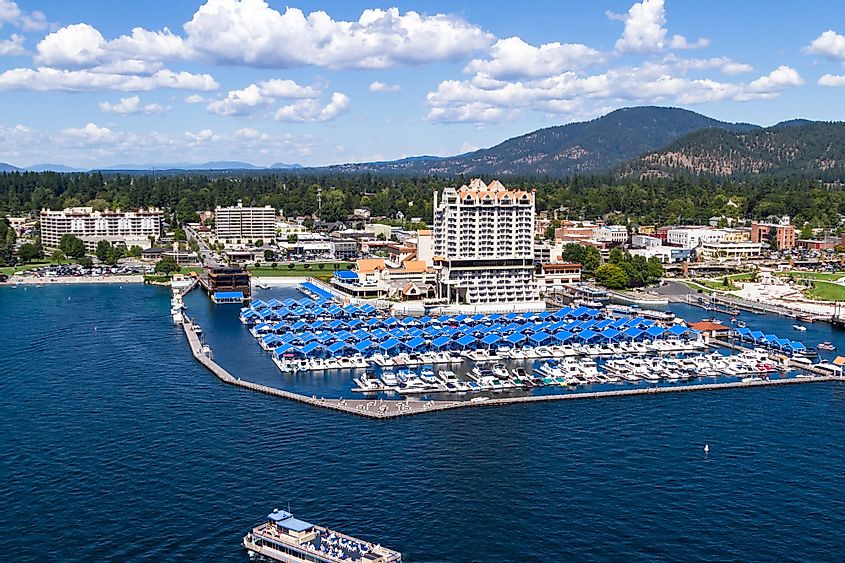Aerial view of the Coeur d'Alene resort and marina in Coeur d'Alene, Idaho