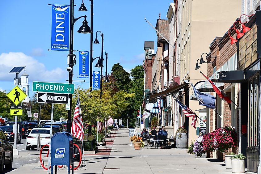 Businesses lining Main Street in Canandaigua, New York.