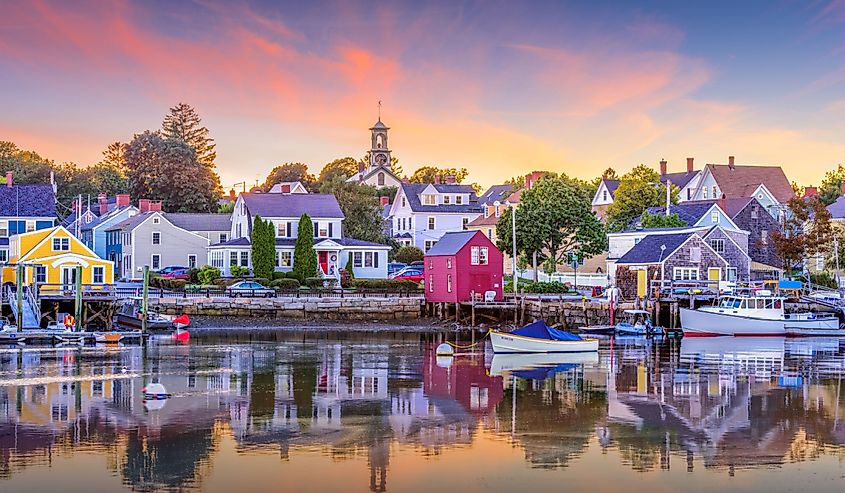 View of Portsmouth, New Hampshire port with boats at sunrise