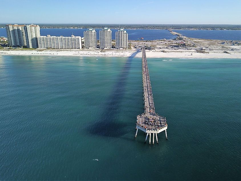 Aerial view of the Navarre Beach Fishing Pier in Navarre, Florida