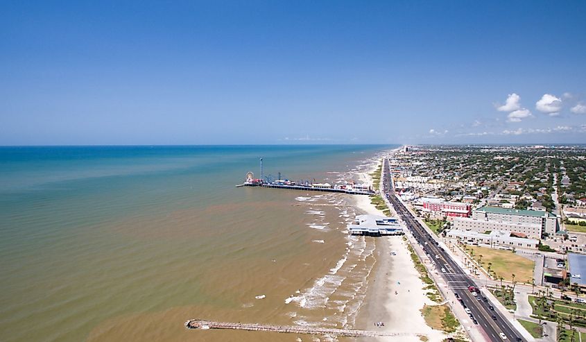 Aerial drone view over Galveston Beach