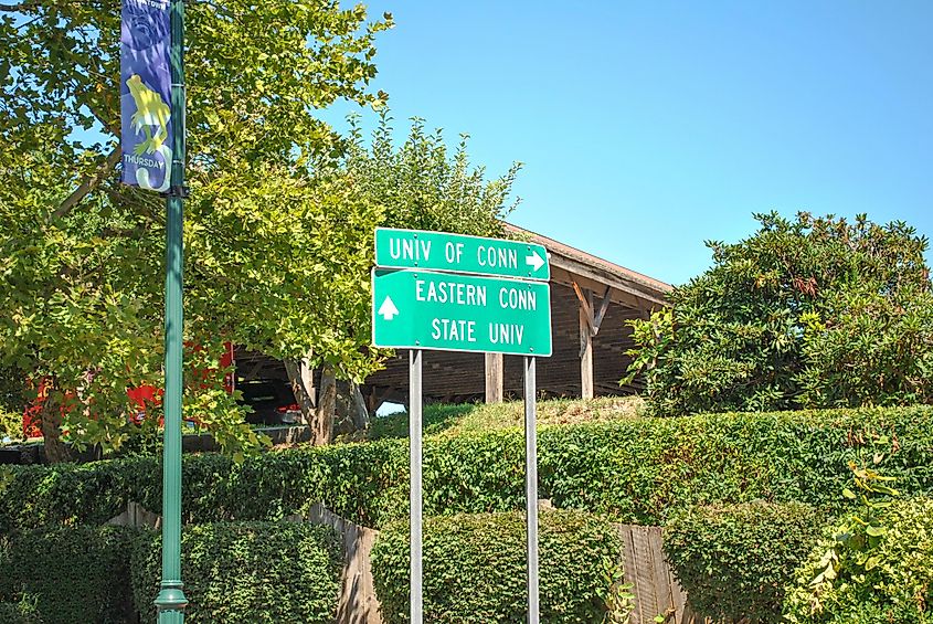 Road Signage of Eastern Connecticut State University in Willimantic, Connecticut.