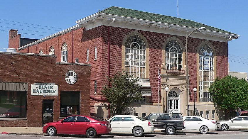 Memorial Building, located on north side of 1st Corso between 8th and 9th Streets in Nebraska City, Nebraska; seen from the southwest.