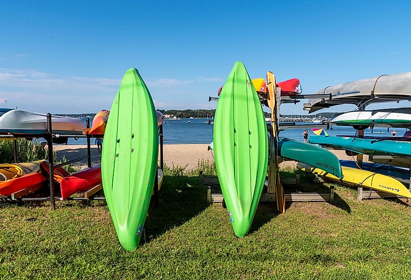 Kayaks and canoes in Beekman Beach in Oyster Beach, New York