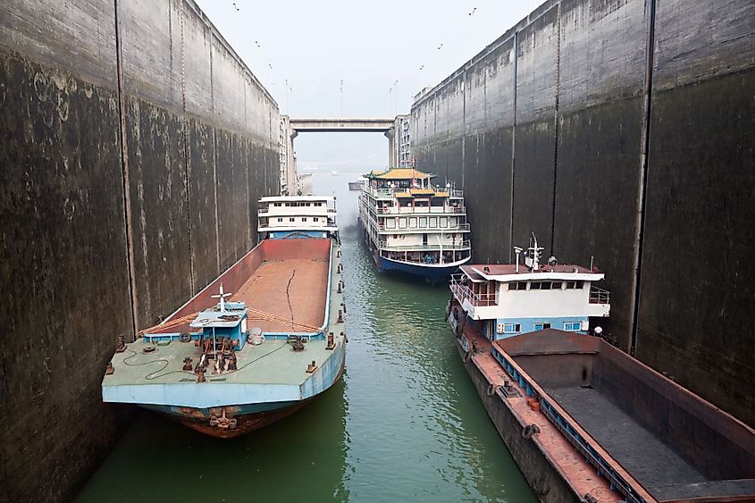 Ships rising in the locks at Three Gorges Dam
