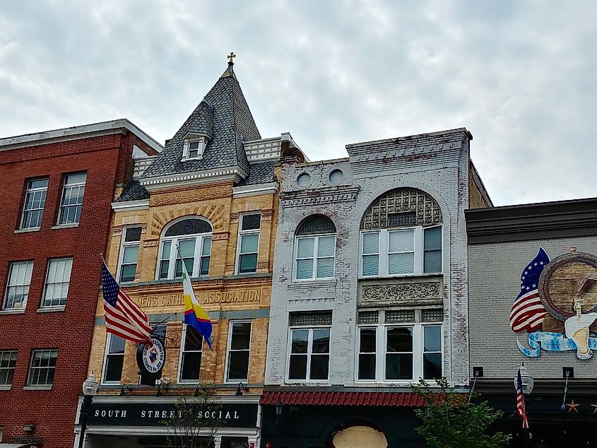 Exterior of the YMCA and historic buildings along South Street, Morristown, New Jersey.