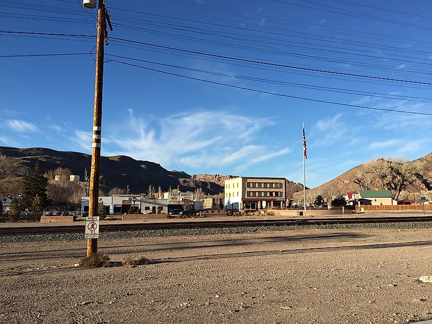 View north across the railroad in central Caliente, Nevada.