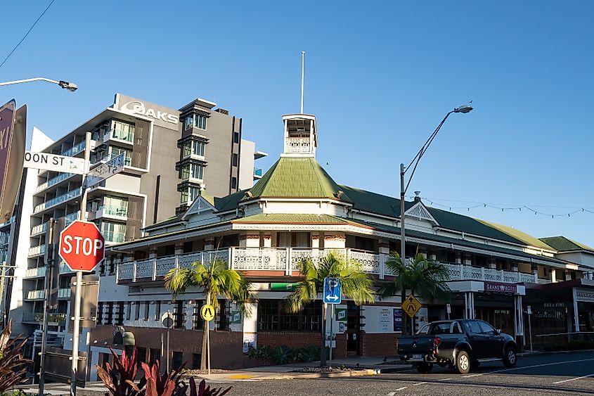 Gladstone, Queensland, Australia - July 2022; Oaks Gladstone Grand Hotel in Goondoon Street combining a heritage hotel with modern accommodation.