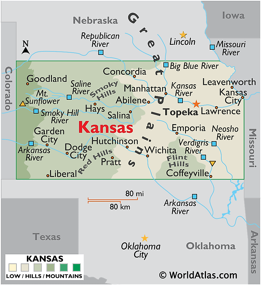 Physical map of Kansas showing the Great Plains, the Flint Hills, and the major rivers.