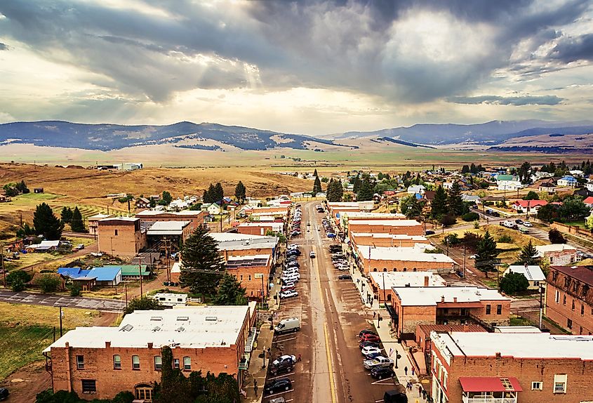 Aerial view of Broadway Street of Philipsburg, Montana