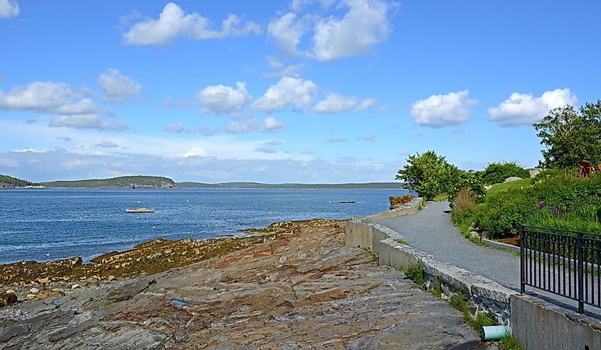 Shore Path, coastal path in American town of Bar Harbor, Maine. USA