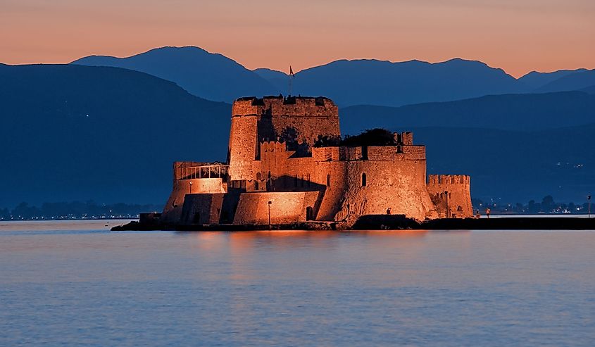 Castle of Bourtzi at sunset. 