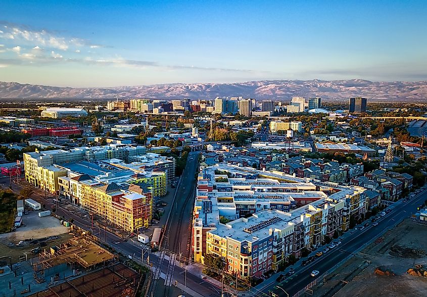 Drone photo of sunset over downtown San Jose, California
