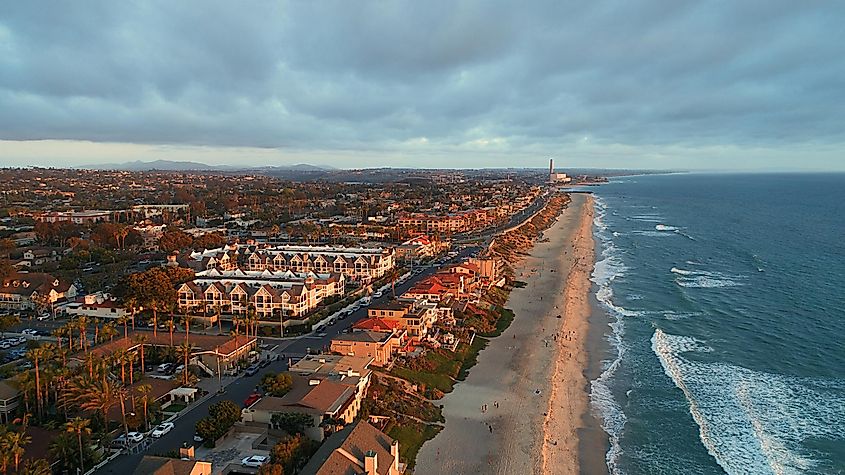 Birds eye view of Carlsbad village and miles of beach in north county San Diego California