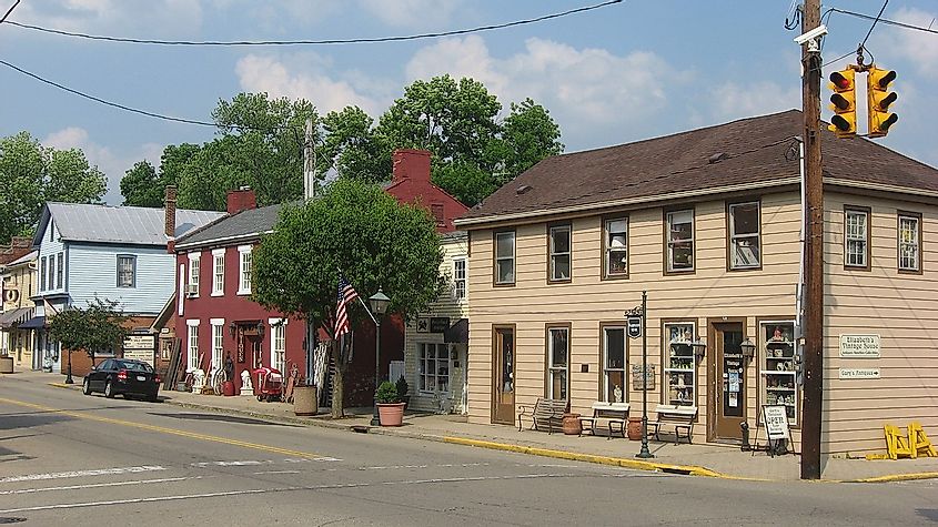 Buildings on the eastern side of Main Street near the Miami Street intersection in Waynesville, Ohio, United States