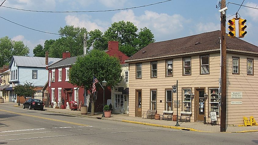 Buildings on the eastern side of Main Street near the Miami Street intersection in Waynesville, Ohio, United States. This block is part of the Waynesville Main Street Historic District, a historic district that is listed on the National Register of Historic Places