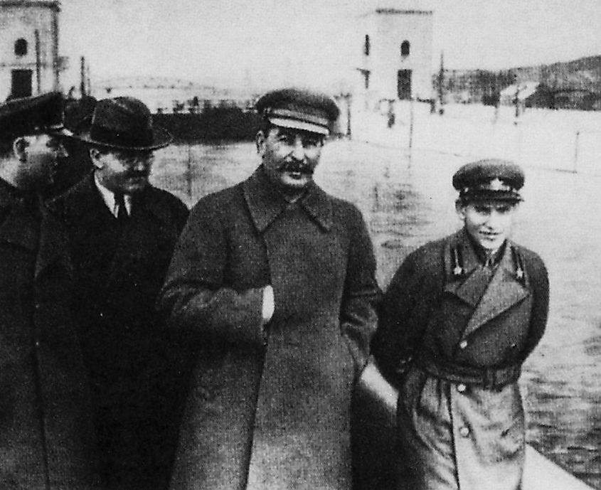 Nikolai Yezhov (right) with Stalin and Molotov (left) along the Volga-Don Canal. Stalin would later re-release the image with his opponent, Yezhov, erased as part of his purge of political enemies