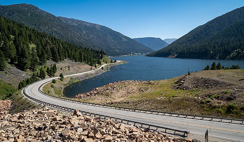 Earthquake Lake in Montana, summer scene with the highway in view
