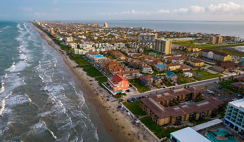 Summer beach travel destination South Padre Island Beach , Texas , USA Aerial Drone view above gorgeous South Texas Beach vacation destination