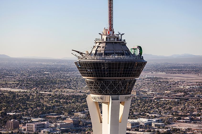 Aerial view of the top of the Stratosphere Resort Tower on the Las Vegas Strip