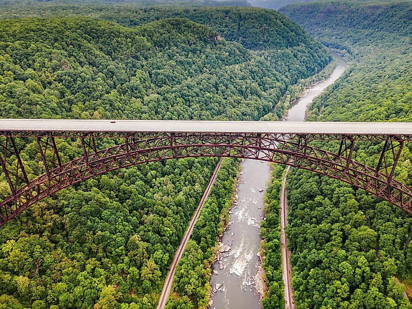 Bridge over a gorge and river in New River Gorge National Park and Preserve in West Virginia.