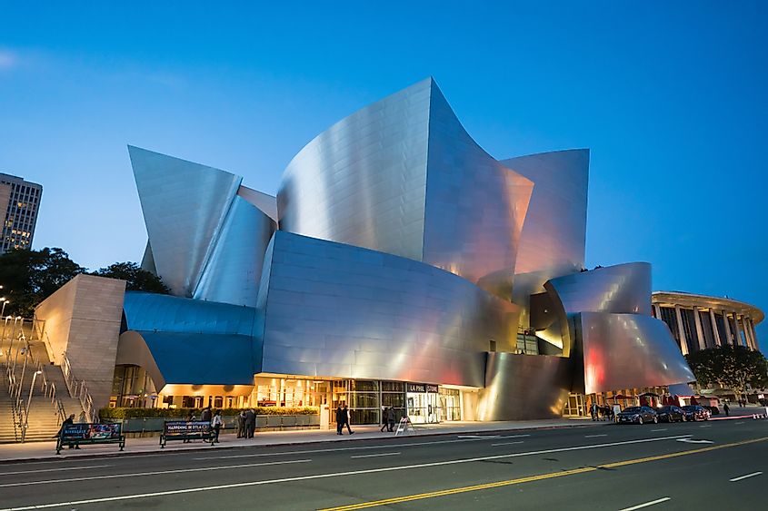 Exterior view of Walt Disney Concert Hall and streets of downtown Los Angeles, building designed by Frank Gehry
