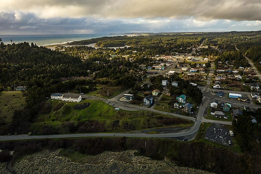 Aerial photo of Port Orford and Pacific Highway 101 at the Southern Oregon Coast, United States