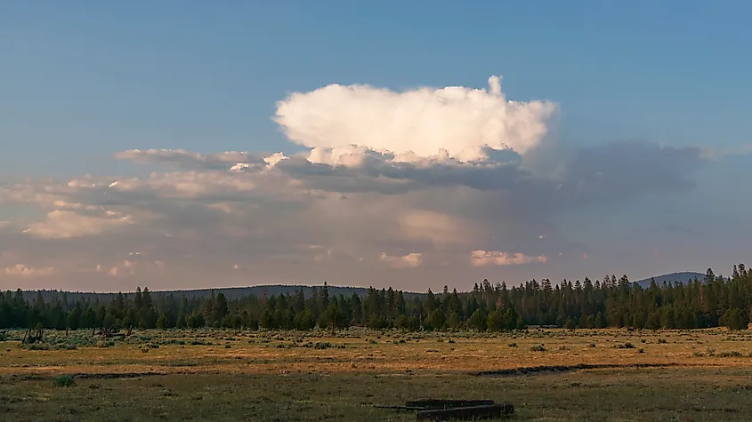A colorful sunset with clouds over a meadow on the Fremont-Winema National Forest, Oregon.