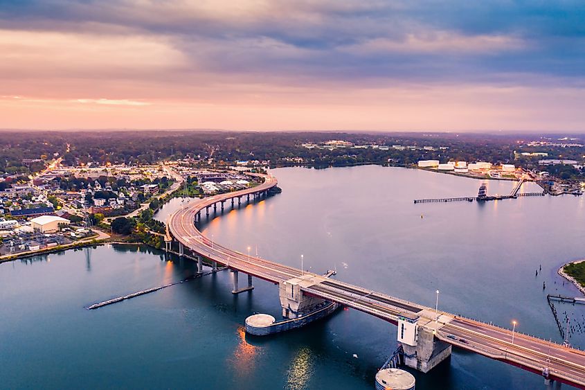 Casco Bay Bridge spans Fore River connecting South Portland and Portland in Maine