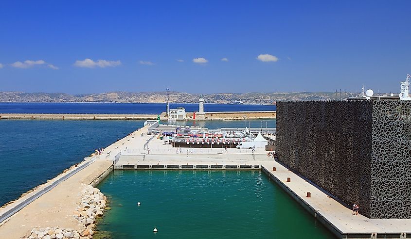 Port and Gulf of Lions. Marseille, France. Blue waters and mountains in the background.
