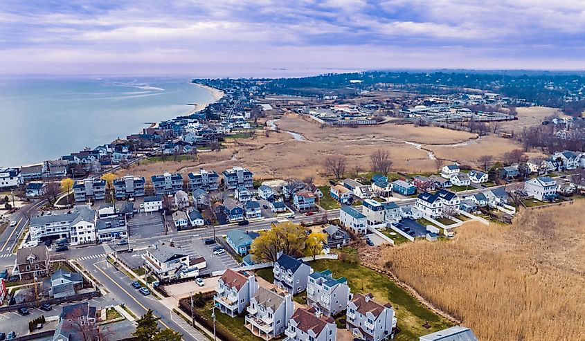 Aerial view of coastal community and beach of Fairfield, Connecticut