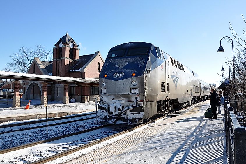 Passengers waiting to board an Amtrak train at Glenview station