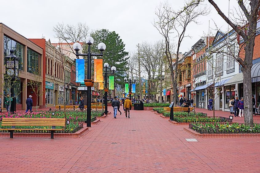 View of the Pearl Street Mall, a landmark pedestrian area in downtown Boulder, Colorado