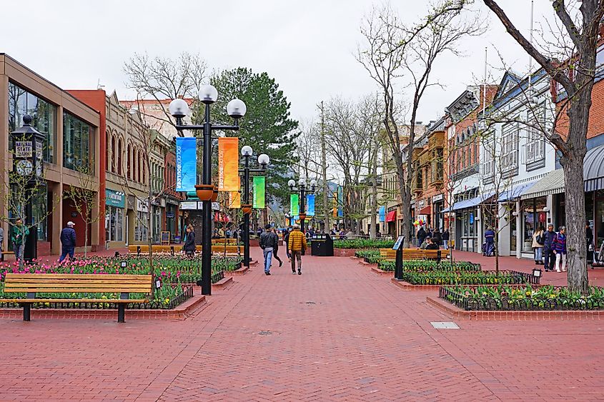 View of the Pearl Street Mall, a landmark pedestrian area in downtown Boulder, Colorado.