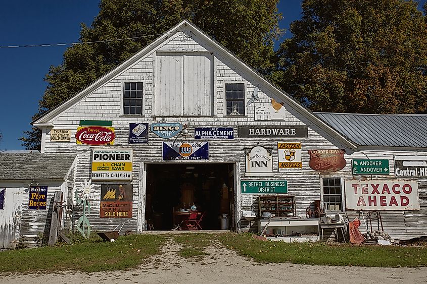 Exterior of Steam Mill Antiques historic farmhouse in the White Mountains of Maine.